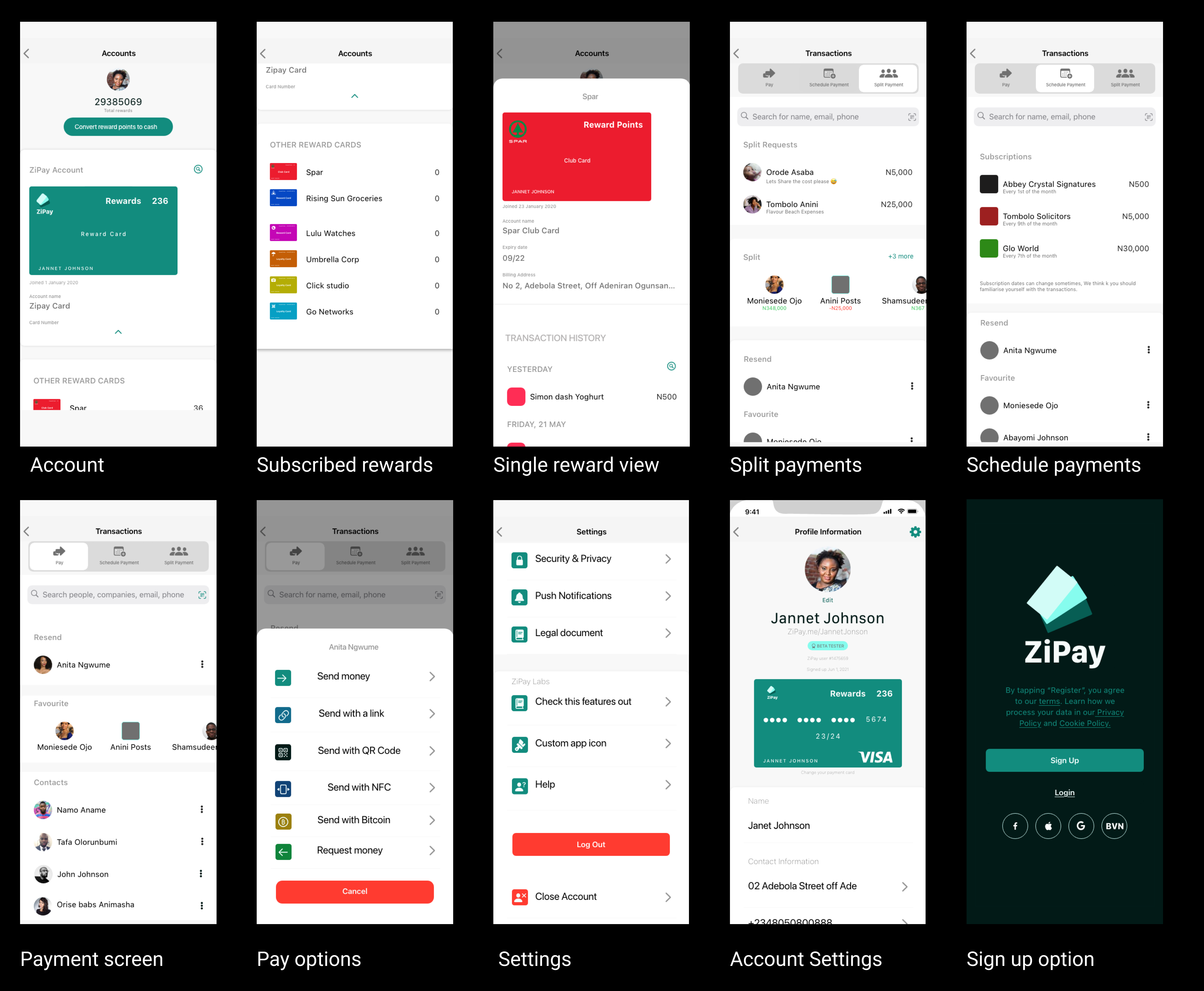 Zi Pay customer screens for rewards, offers, and wallet.